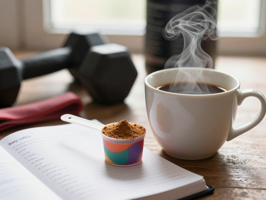 Coffee cup and pre-workout scoop beside a daily caffeine log Coffee cup and pre-workout scoop beside a daily caffeine log