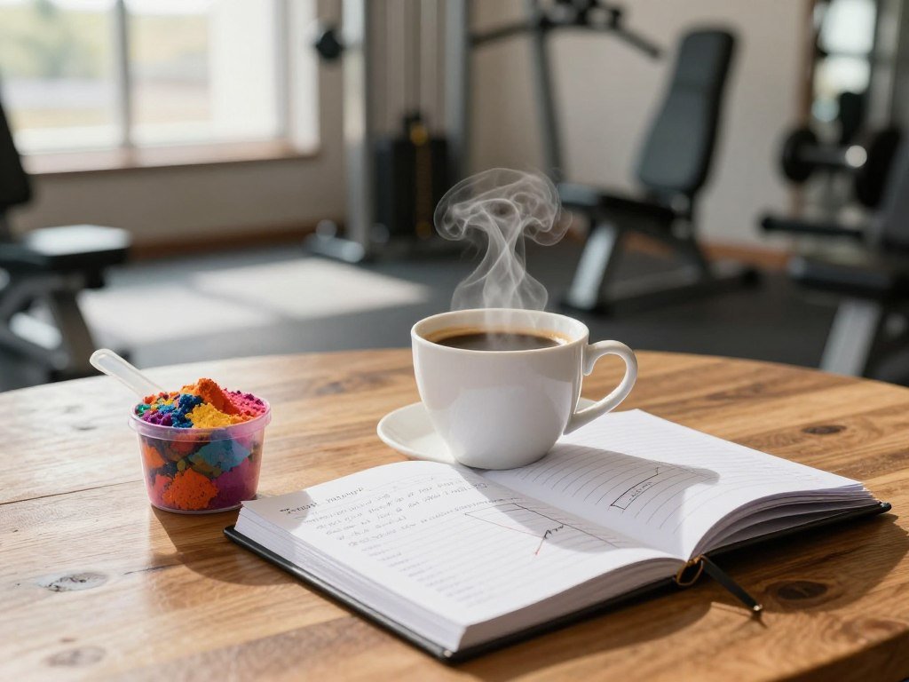 Coffee cup and pre-workout scoop beside a training log