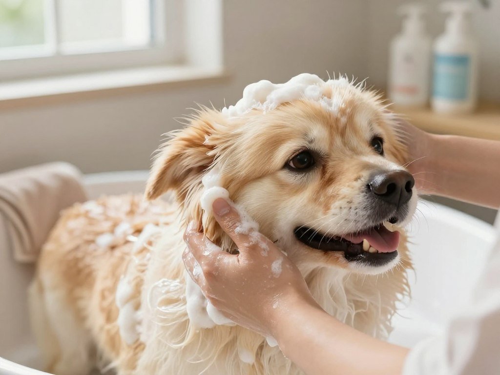 Colloidal oatmeal shampoo being worked through a dog coat Colloidal oatmeal shampoo being worked through a dog coat