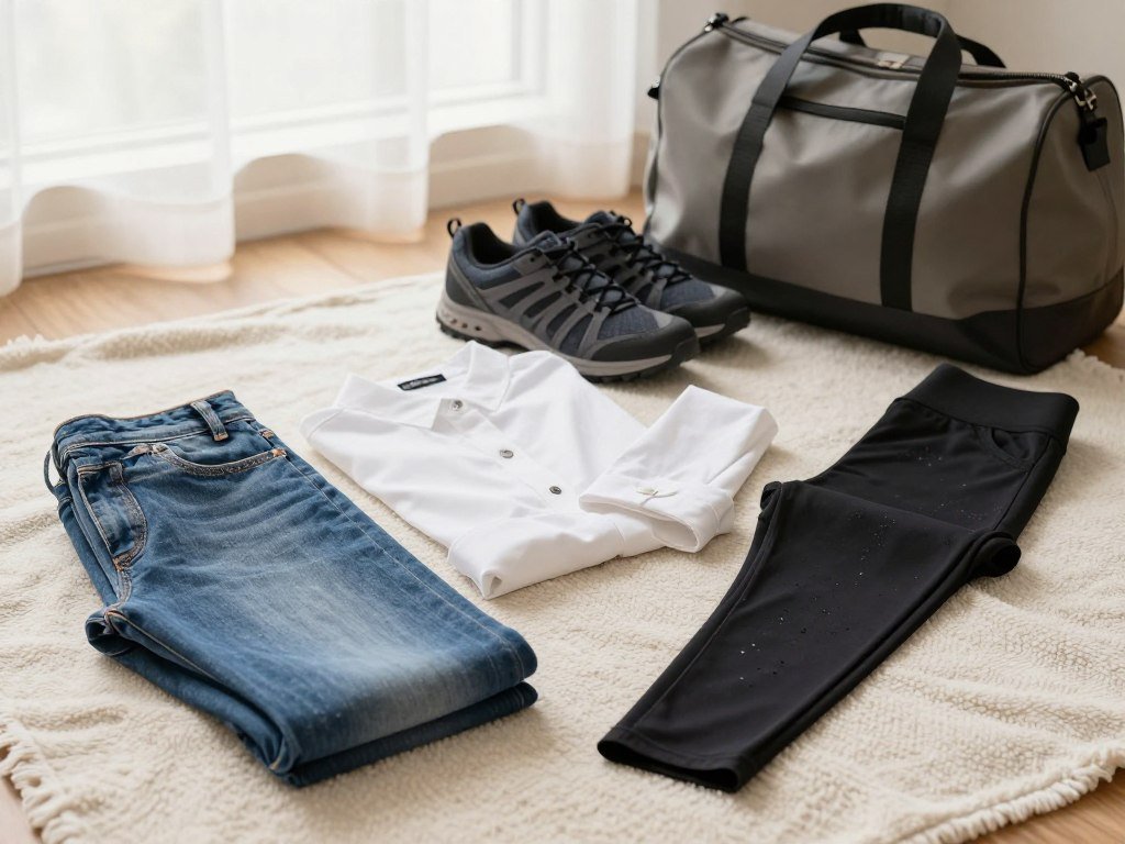 Comfortable travel clothes including jeans, leggings, and a shirt Comfortable travel clothes including jeans, leggings, and a shirt