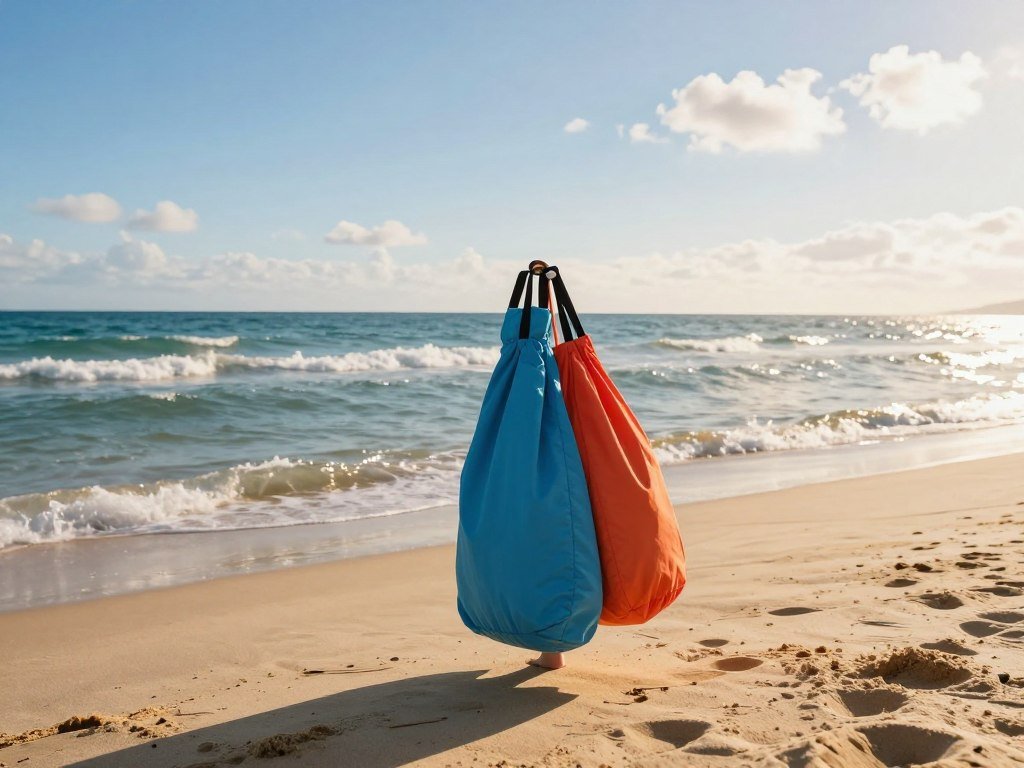 Compact beach chair case carried along a sandy shoreline