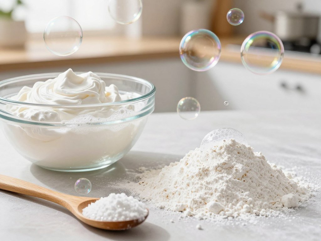 Cornstarch, baking powder, and dish soap for bubble solution Cornstarch, baking powder, and dish soap for bubble solution