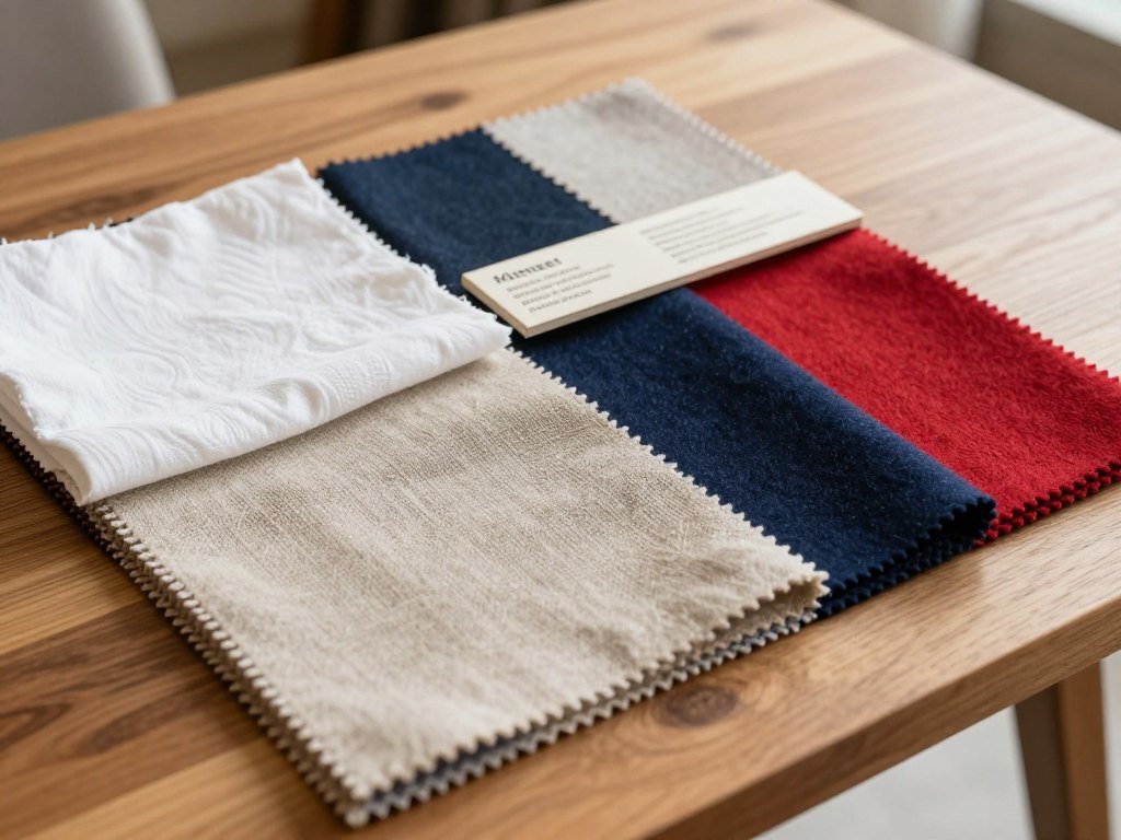 Cotton, linen, wool, and synthetic fabric swatches beside a composition label
