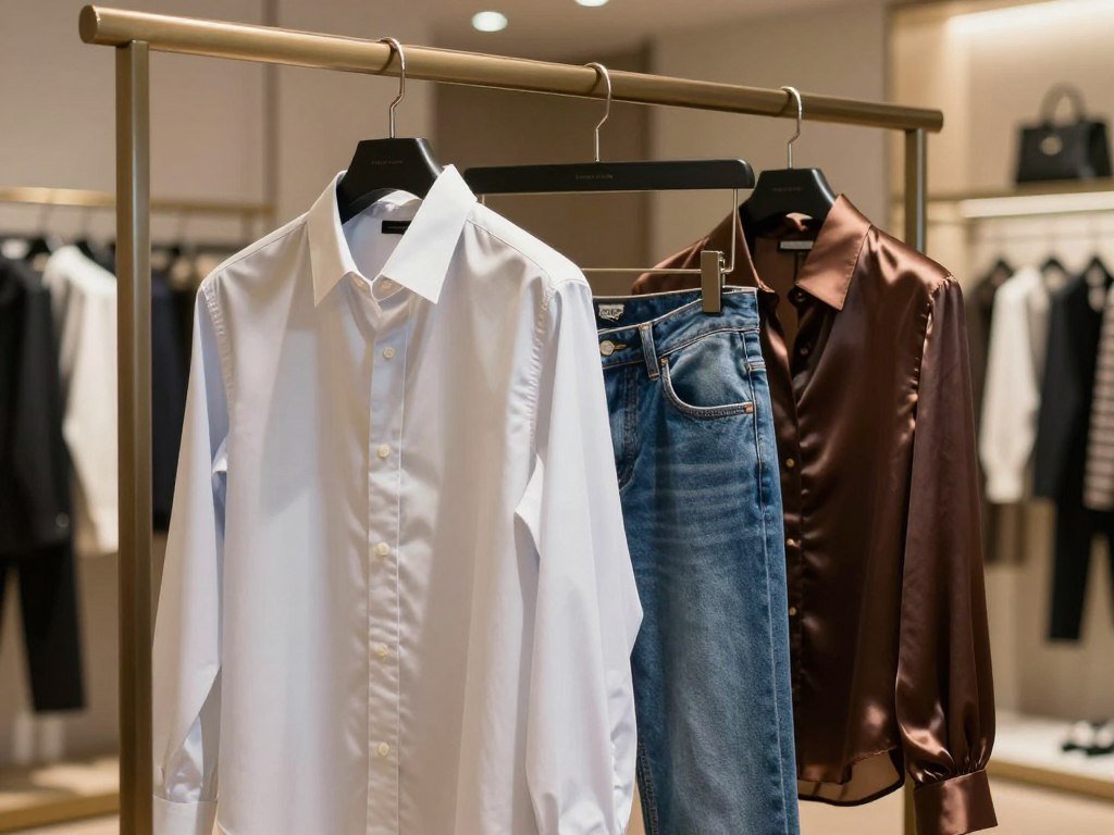 Cotton shirt, durable jeans, and silk blouse on a clothing rack