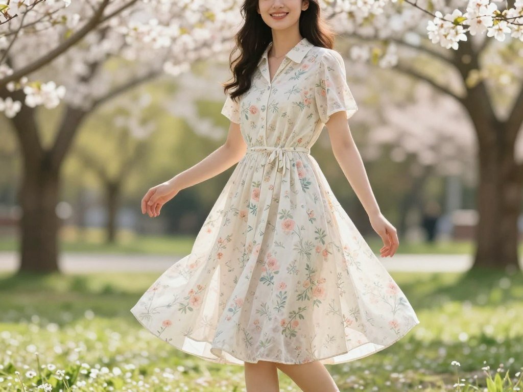 Cotton shirtdress showing a defined spring silhouette Cotton shirtdress showing a defined spring silhouette