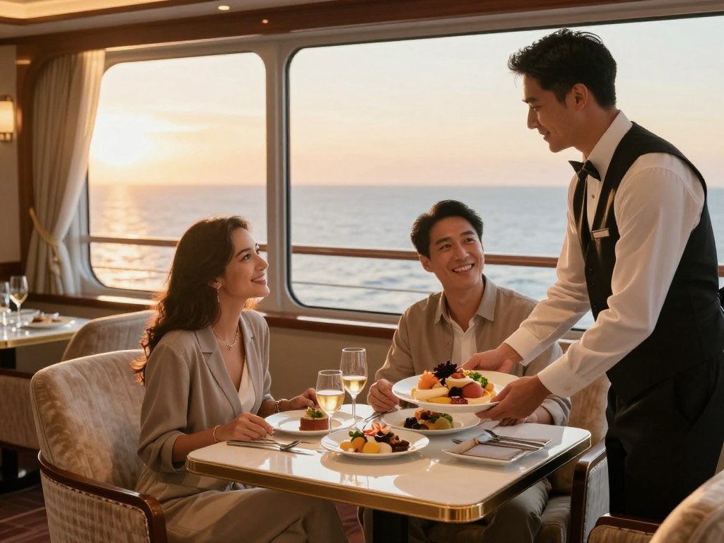 Couple enjoying attentive service in a cruise suite Couple enjoying attentive service in a cruise suite