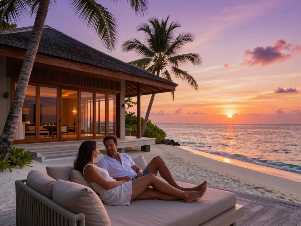 Couple relaxing by a luxury Maldives villa at sunset