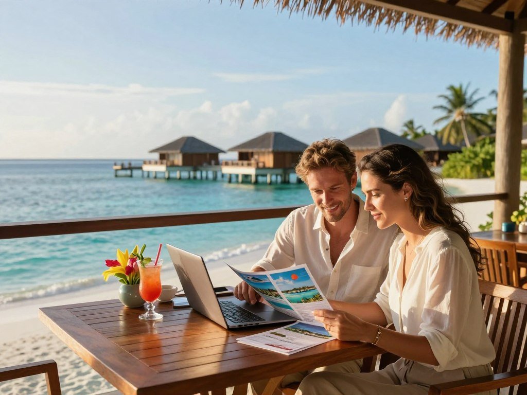 Couple reviewing resort options beside a Maldives lagoon