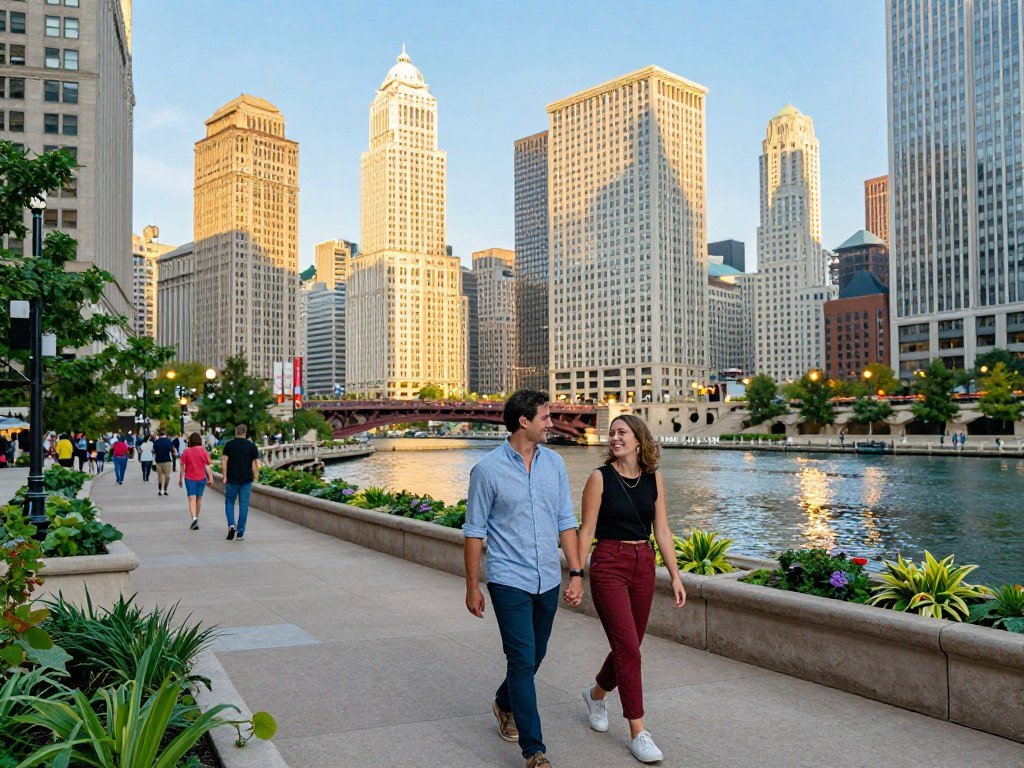 Couple strolling the Chicago Riverwalk beside the river Couple strolling the Chicago Riverwalk beside the river