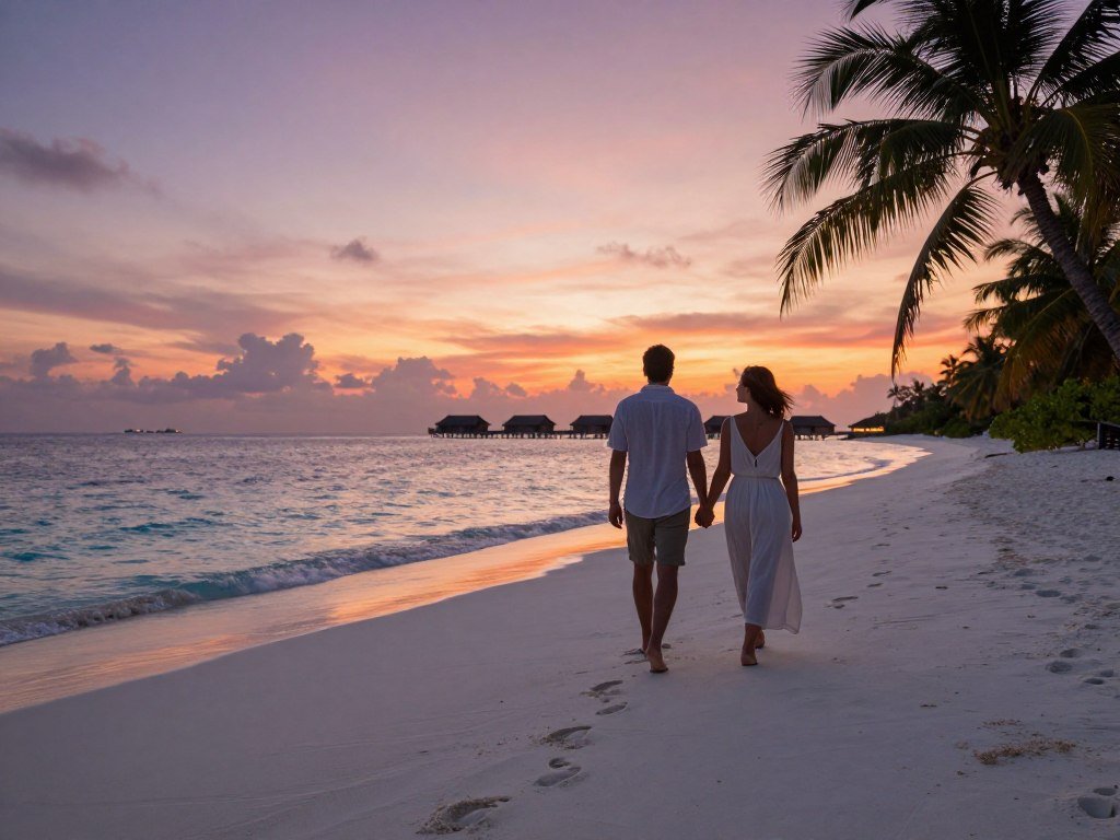 Couple walking along a Maldives island beach at dusk