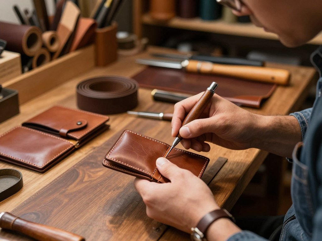 Craftsperson hand-stitching leather goods with specialist tools