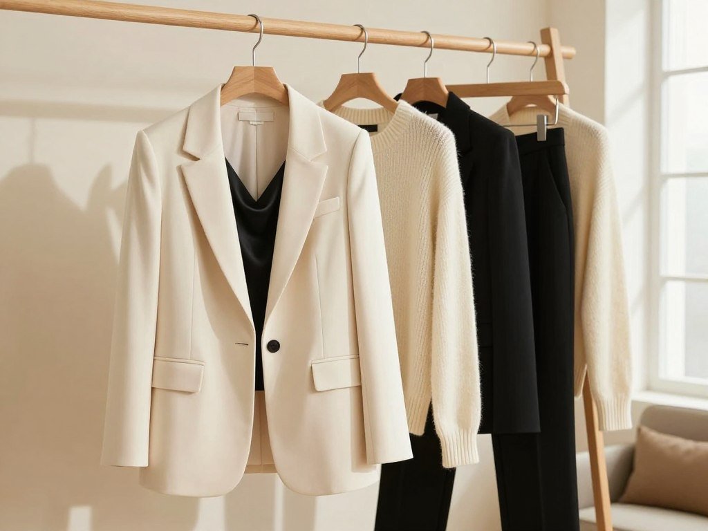 Cream and black clothes forming a simple wardrobe color story Cream and black clothes forming a simple wardrobe color story