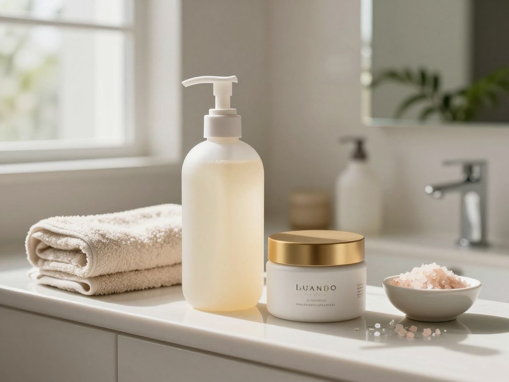Creamy body wash and moisturizer beside a dry skin care routine