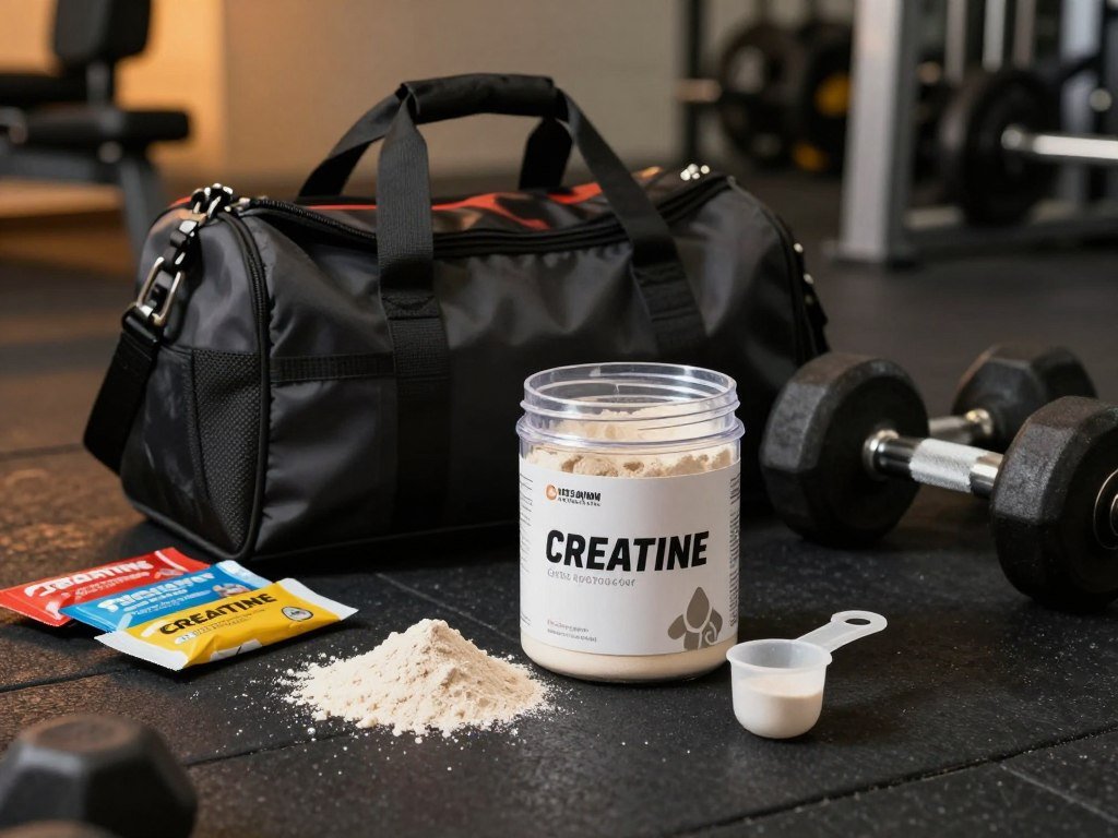 Creatine powder and pre-workout ingredients set beside gym gear Creatine powder and pre-workout ingredients set beside gym gear
