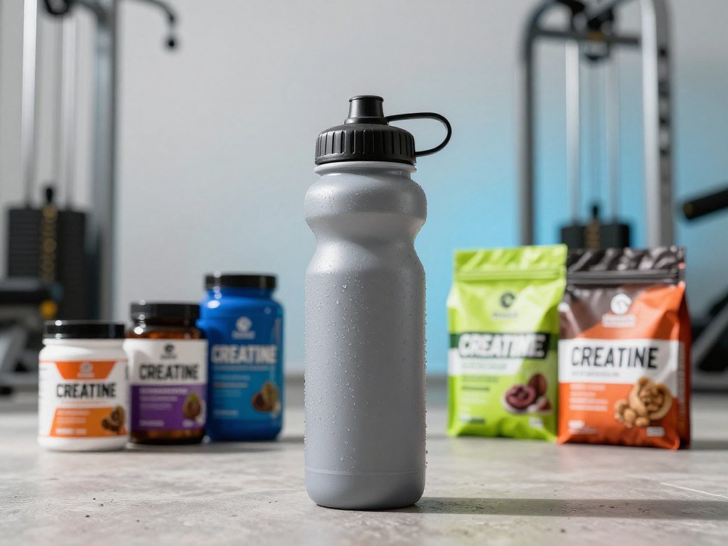 Creatine timing options beside a post-workout water bottle Creatine timing options beside a post-workout water bottle