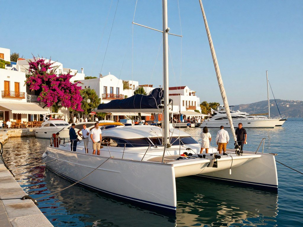 Crewed catamaran moored in Greece beside a marina Crewed catamaran moored in Greece beside a marina