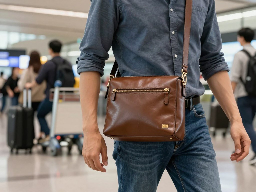 Crossbody bag worn close during a travel day Crossbody bag worn close during a travel day