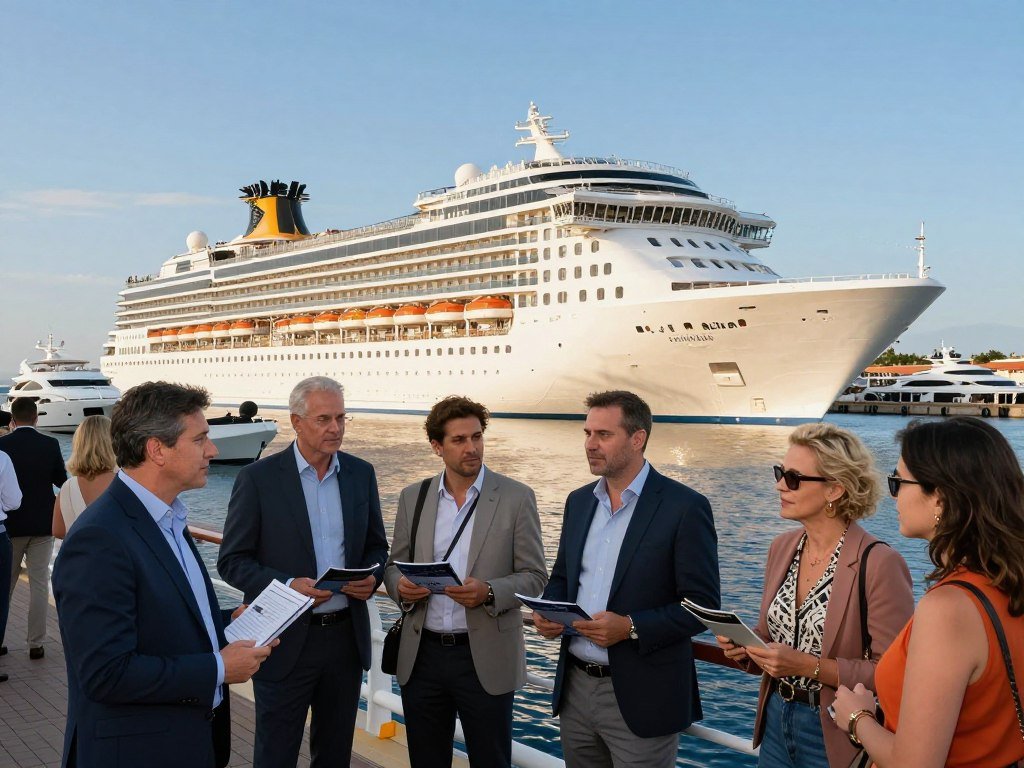 Cruise ship near port with travelers comparing luxury cruise lines