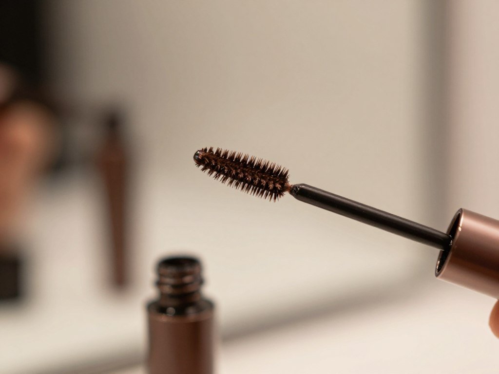 Curved brown mascara wand lifting short lashes for curl Curved brown mascara wand lifting short lashes for curl