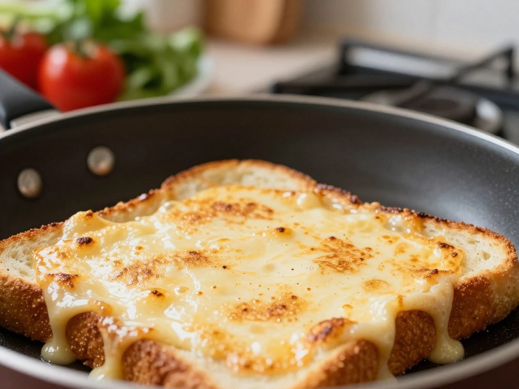 Daiya slices browning in a pan for grilled cheese Daiya slices browning in a pan for grilled cheese