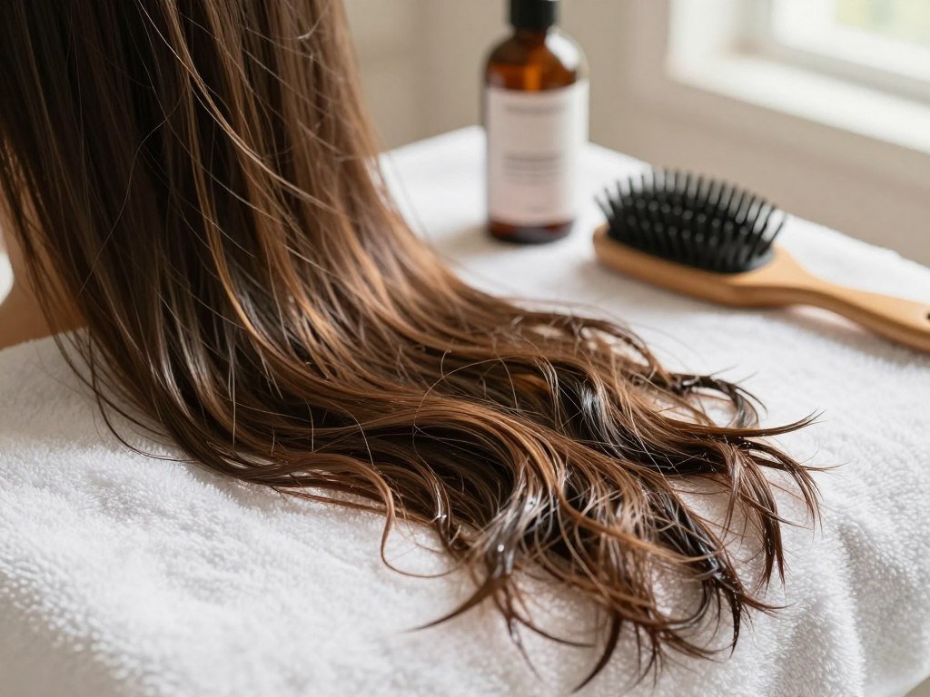 Damp dry hair lengths ready for serum before heat styling