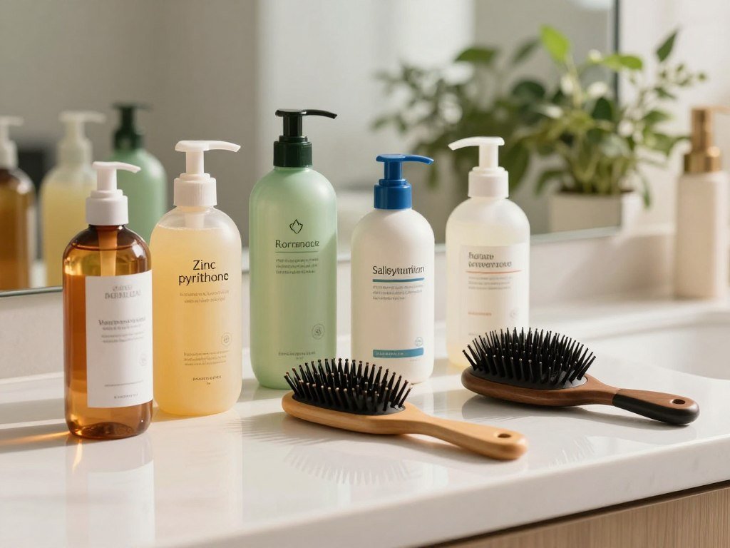 Dandruff shampoo active ingredients beside a scalp care routine Dandruff shampoo active ingredients beside a scalp care routine
