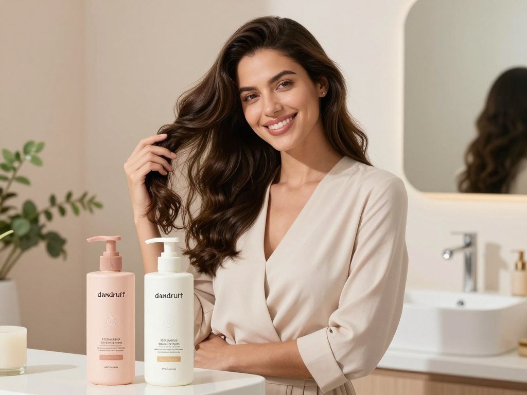 Dandruff shampoo and a volume formula beside a fine-haired model Dandruff shampoo and a volume formula beside a fine-haired model