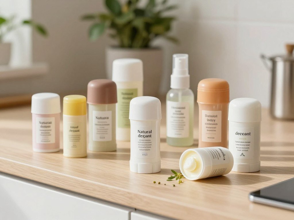 Deodorant formats and ingredient labels on a counter