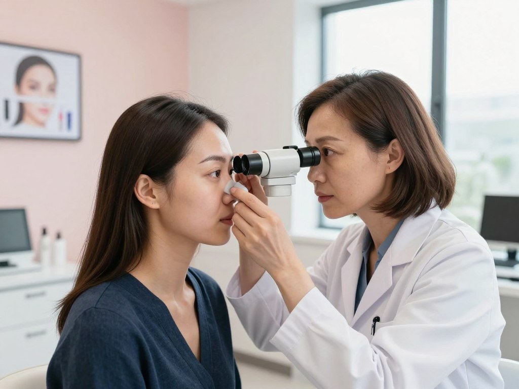 Dermatologist examining sparse brows with a dermatoscope