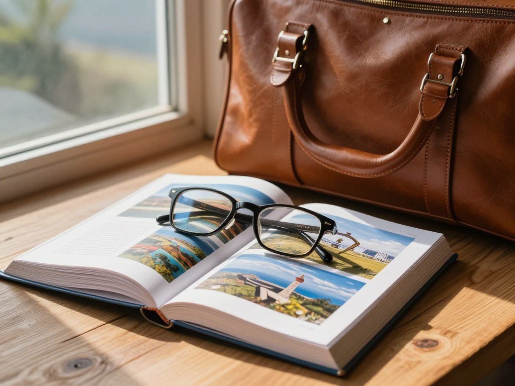 Destination book open beside a travel bag and reading glasses Destination book open beside a travel bag and reading glasses