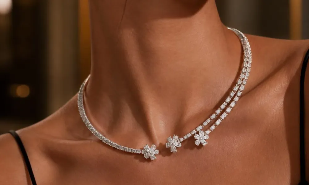 luxury diamond necklaces showcased in a close-up photo of an open-front diamond choker necklace featuring floral cluster accents worn around a woman's neck. 