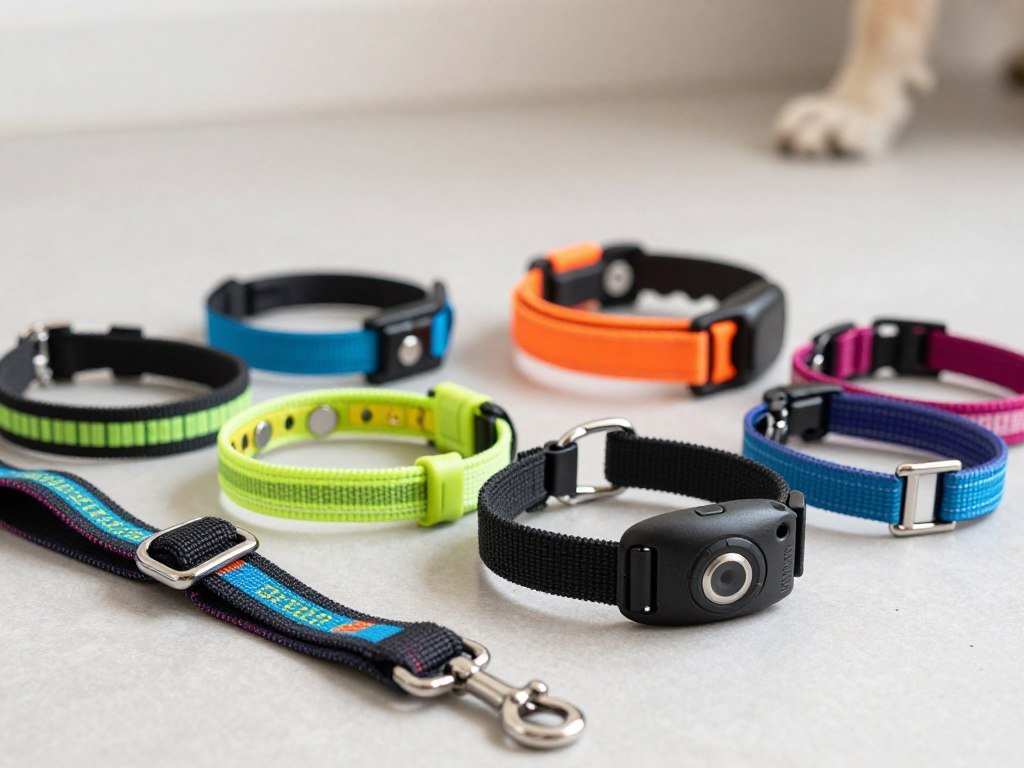 Different dog training collars arranged beside a leash