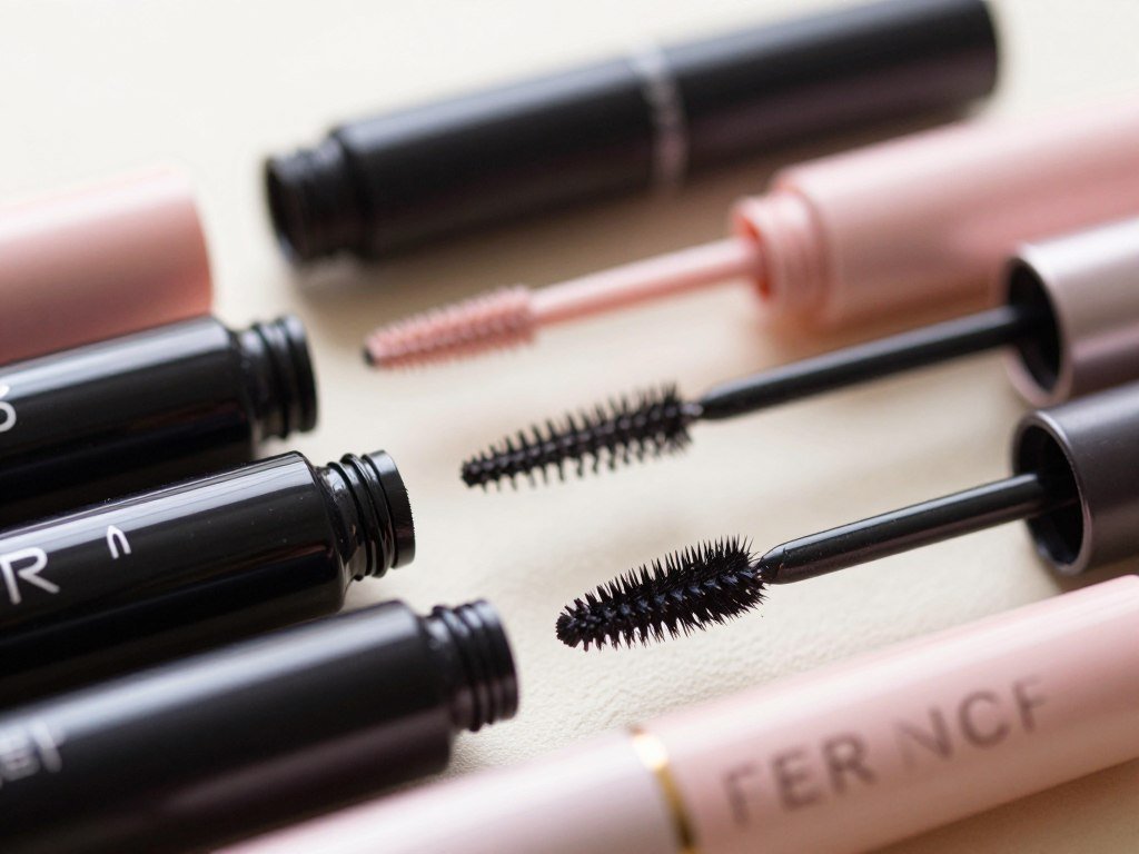 Different mascara formulas shown beside separated lashes Different mascara formulas shown beside separated lashes