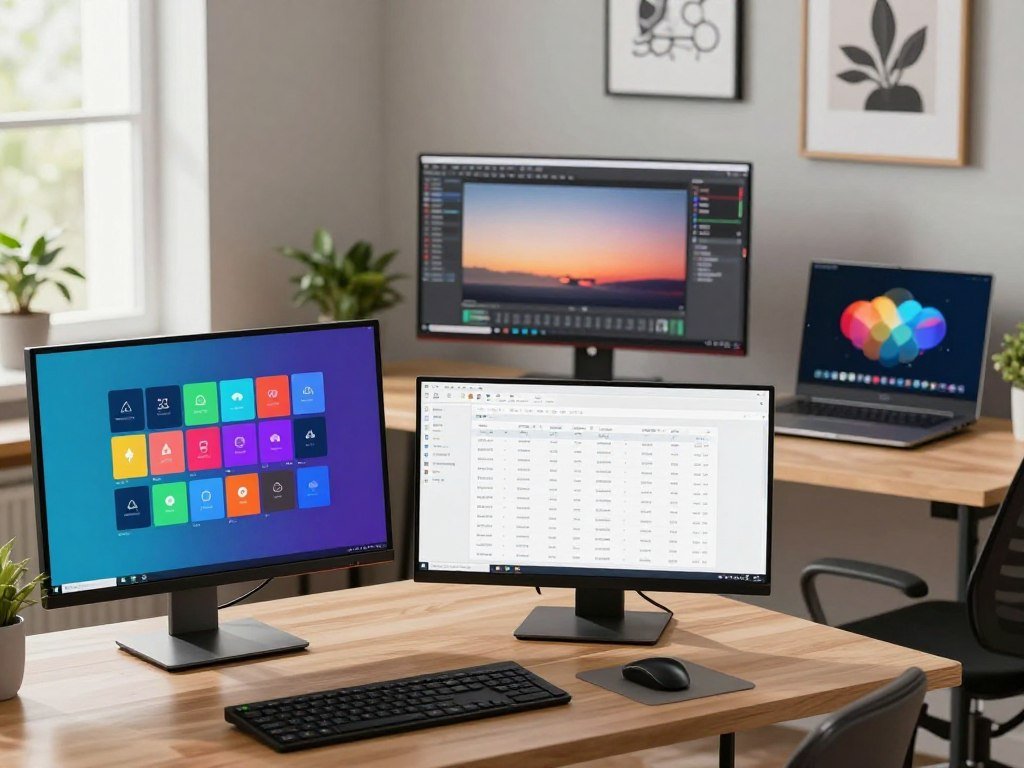 Different screen sizes arranged across home office desks Different screen sizes arranged across home office desks