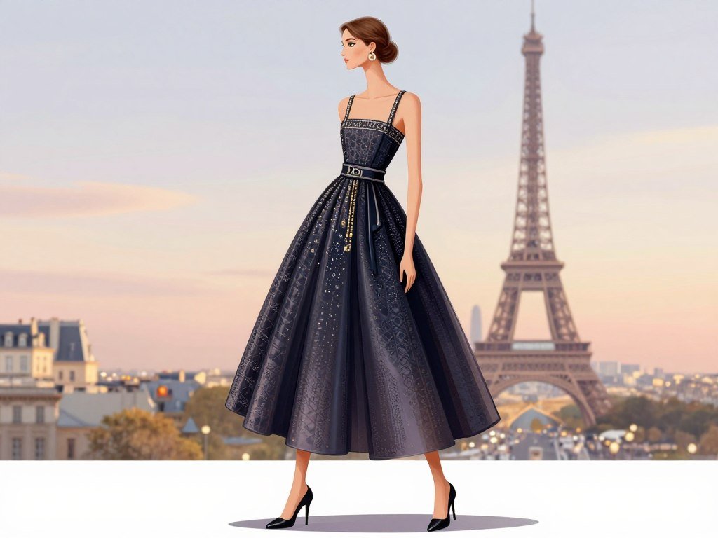 Dior full skirt and cinched waist show a defined silhouette