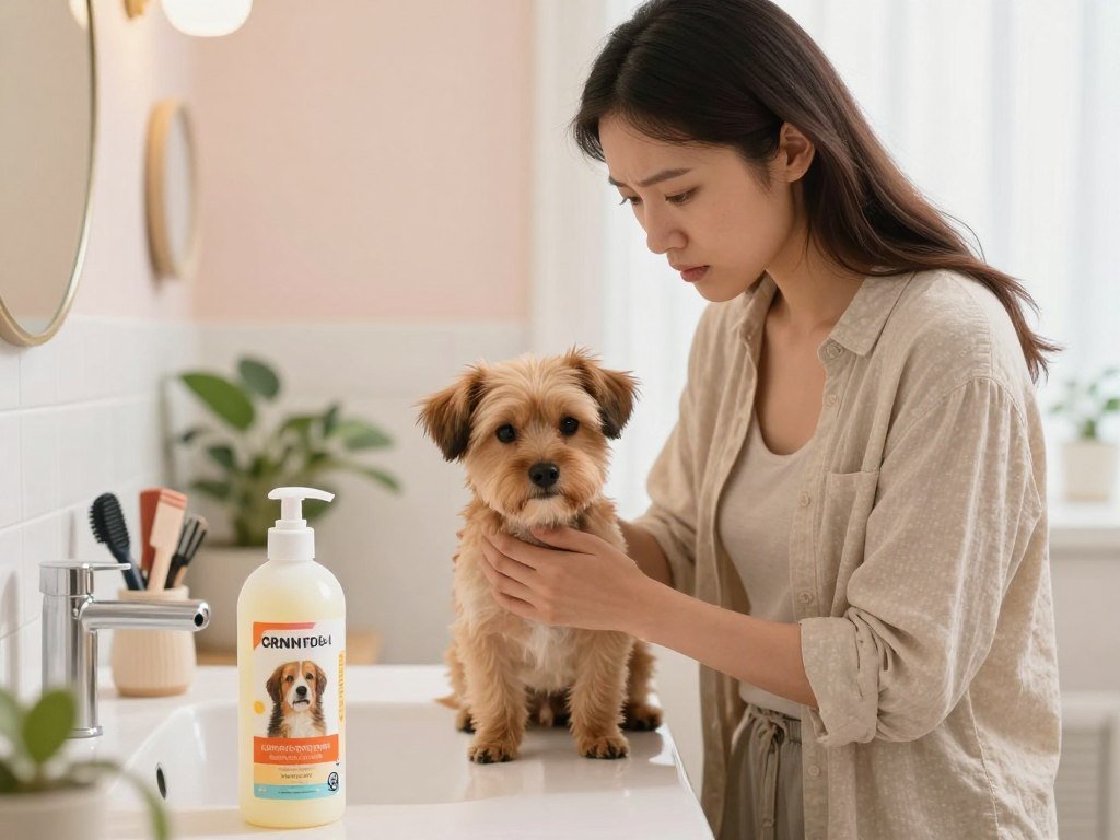 Dog owner reading a shampoo label for sensitive skin Dog owner reading a shampoo label for sensitive skin
