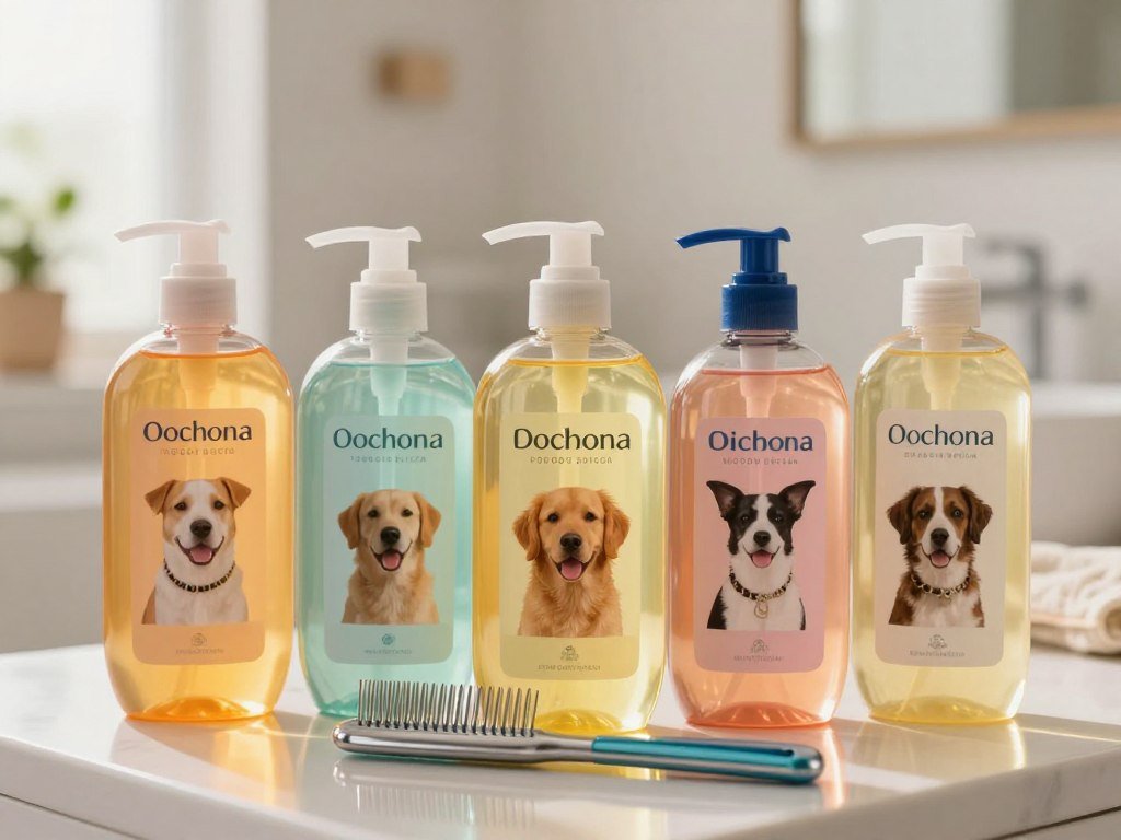 Dog shampoo choices arranged beside a flea comb