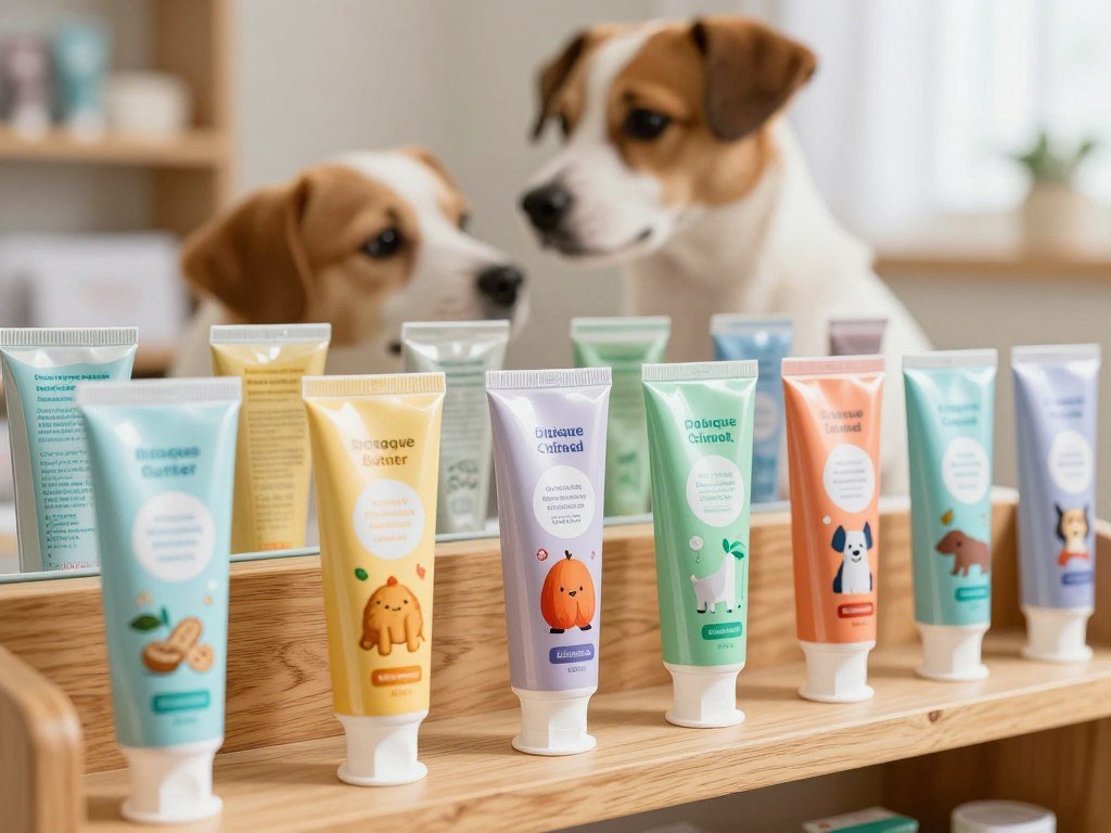 Dog toothpaste tubes showing flavors and plaque-control features Dog toothpaste tubes showing flavors and plaque-control features