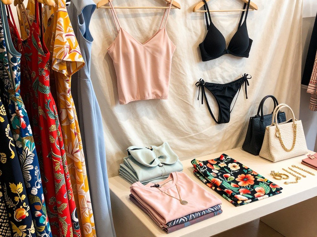 Dresses, tops, skirts, swimwear, and accessories in a clothing assortment Dresses, tops, skirts, swimwear, and accessories in a clothing assortment