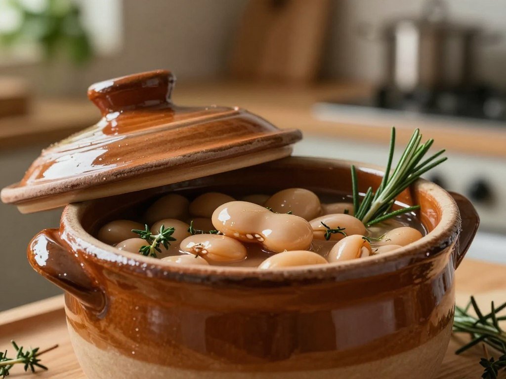 Dried Great Northern beans soaking in a covered pot
