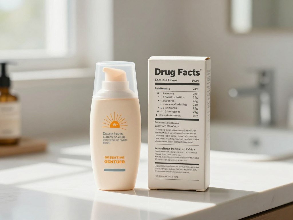 Drug Facts panel beside sunscreen for sensitive skin Drug Facts panel beside sunscreen for sensitive skin