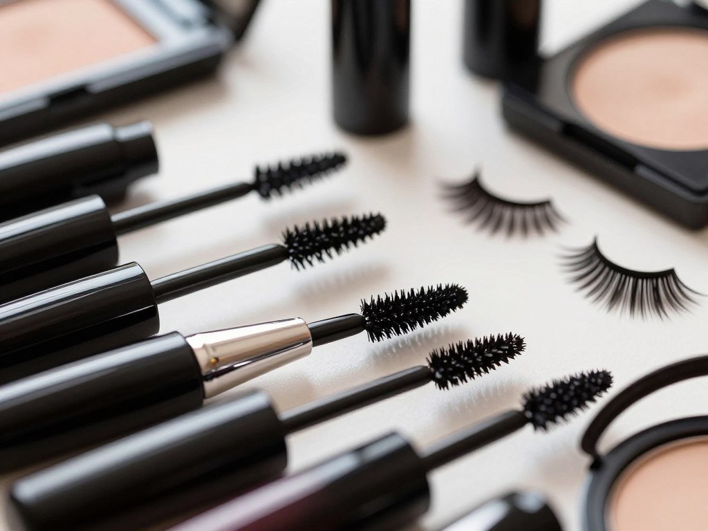Drugstore lengthening mascara brushes beside defined lashes