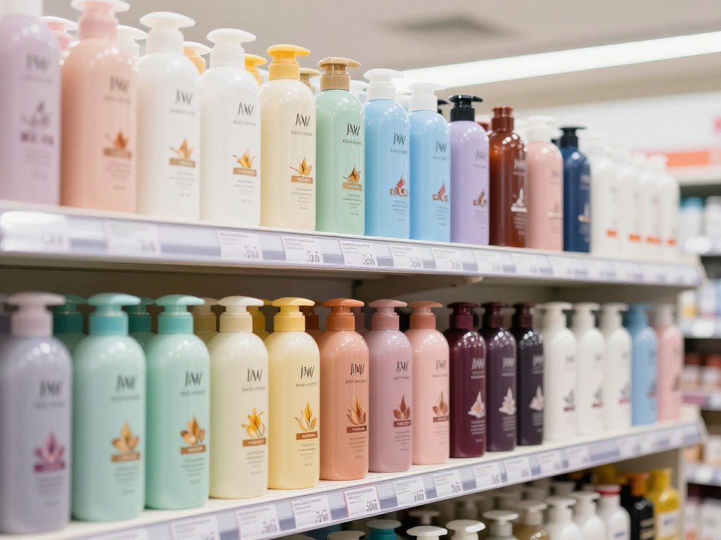 Drugstore shampoo options lined up with prices for different hair goals