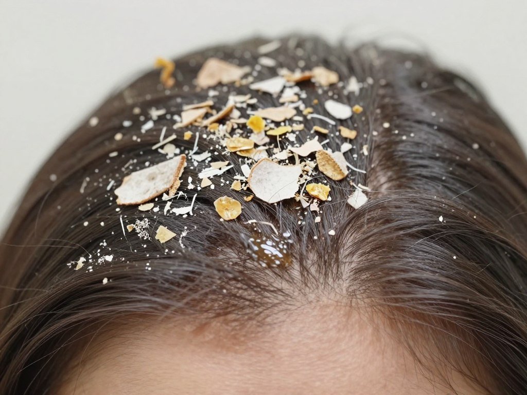 Dry scalp flakes and oily dandruff flakes on a scalp Dry scalp flakes and oily dandruff flakes on a scalp