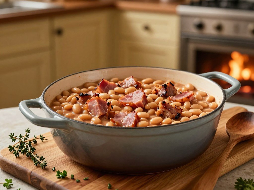 Dutch oven filled with Great Northern beans and ham