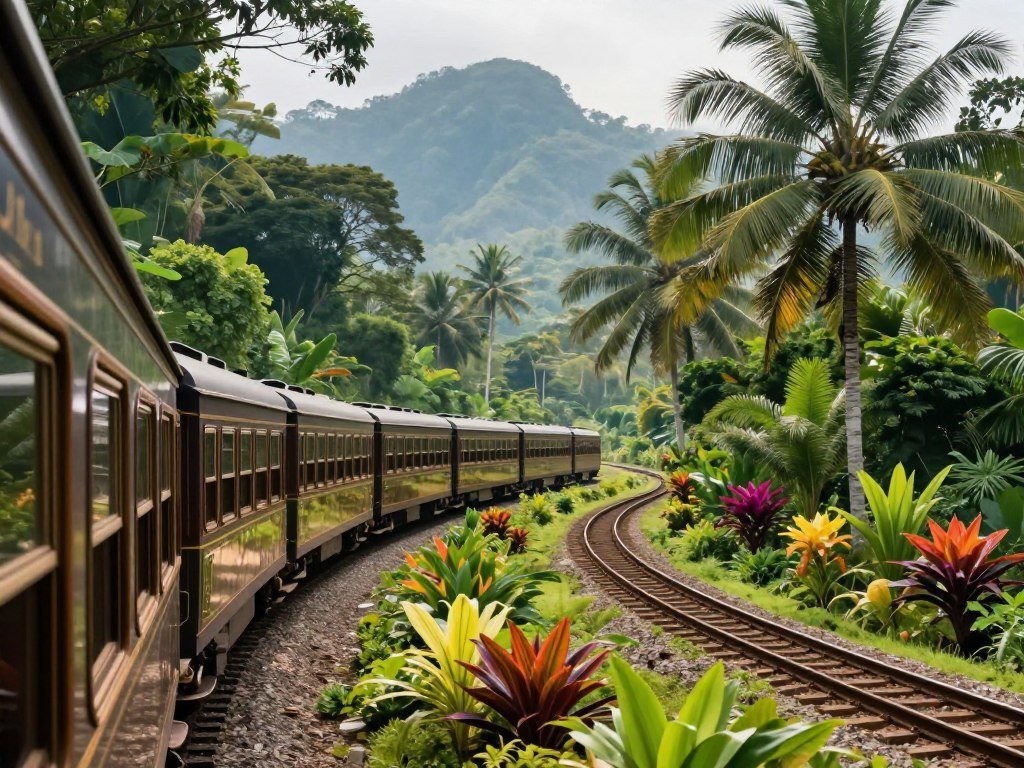 Eastern and Oriental Express crossing tropical Southeast Asian greenery Eastern and Oriental Express crossing tropical Southeast Asian greenery