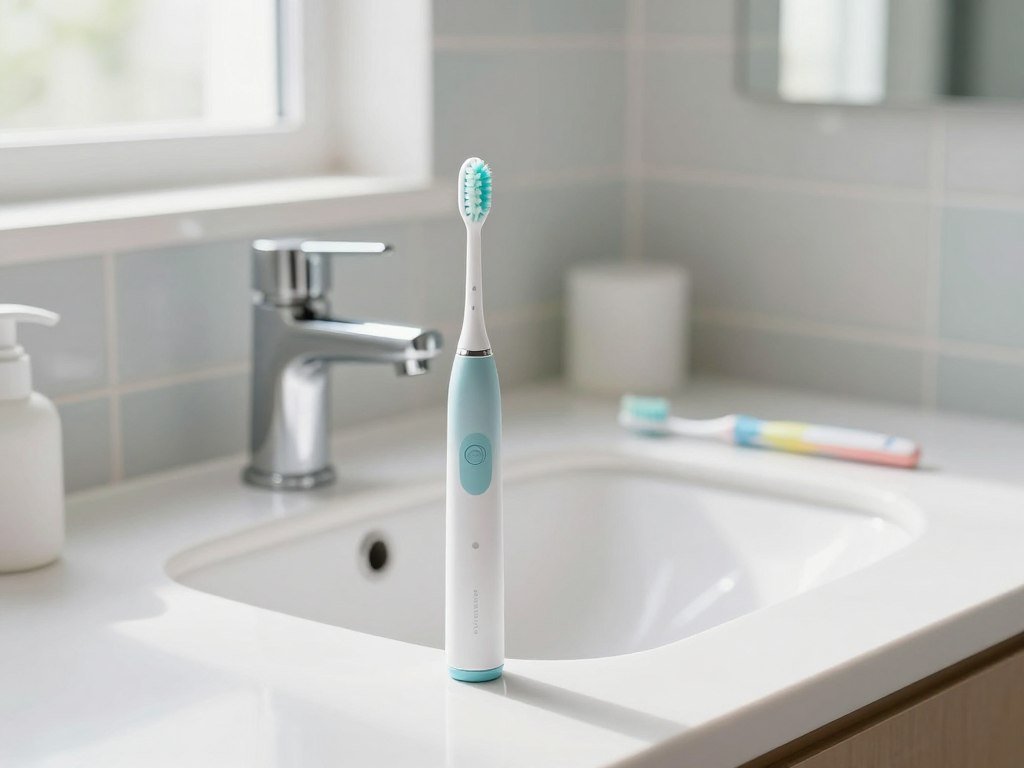 Electric toothbrush and manual brush beside a clean sink Electric toothbrush and manual brush beside a clean sink