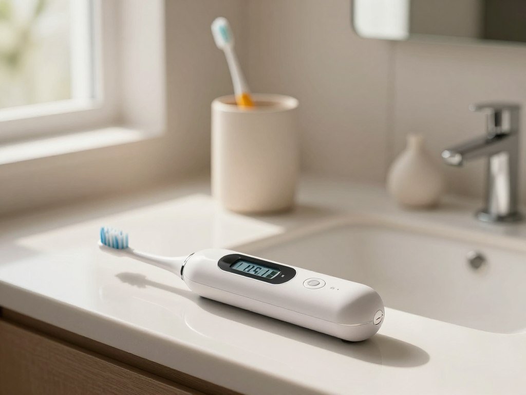 Electric toothbrush timer and pressure sensor on a bathroom counter Electric toothbrush timer and pressure sensor on a bathroom counter