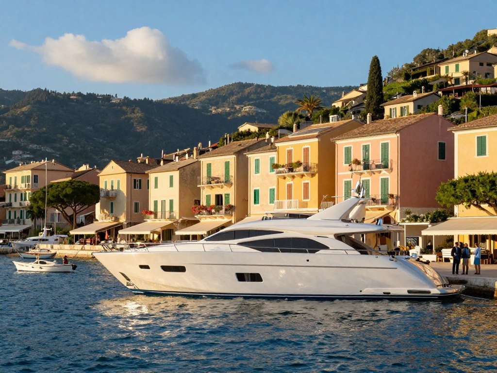 Emerald Azzurra yacht sits beside a coastal town