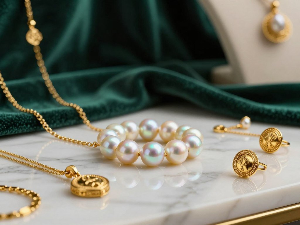 Engraved gold, graphic jewelry, and luminous pearls displayed together